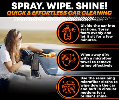 RoofPax Eco-Friendly Waterless Car Wash Spray Kit with Pressure Foam Microfiber Cloths Gel Cleaner Magic Sponge Tire Brush & Tire Spray Rinseless Car Wash for Exterior & Interior Cleaning