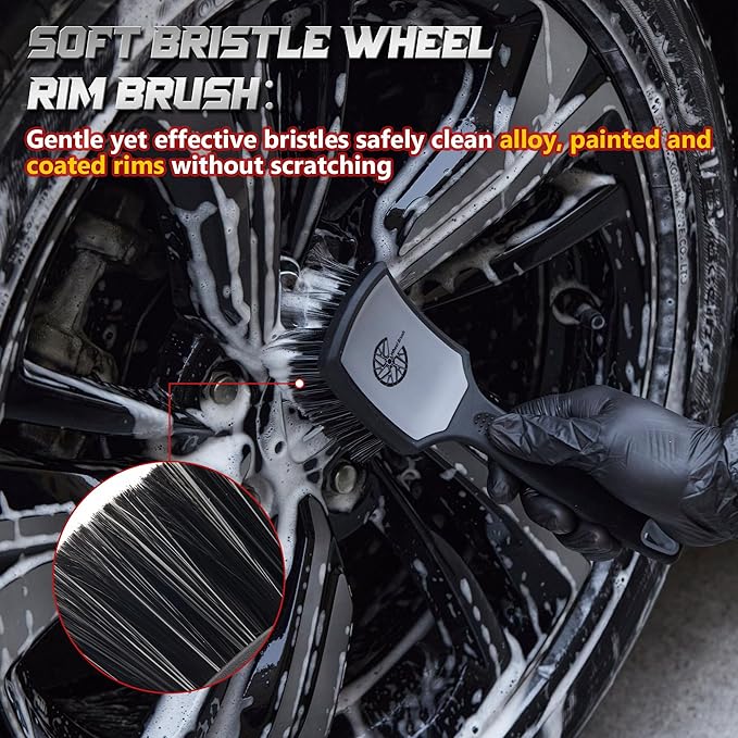 BMLEI Wheel & Tire Brush Set, 2 Pack Car Wheel Brush & Tire Cleaner Brushes, Soft Bristle Rim Brush and Stiff Tire Scrub Brush, Scratch-Free Wheel Cleaning Kit for Car Detailing, Trucks, SUVs
