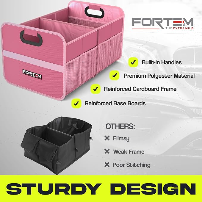 FORTEM Car Trunk Organizer, Collapsible Two Compartment Organizer, Foldable SUV & Truck Storage for Car Accessories for Women Men, Non Slip Bottom, Sturdy Side Walls, Strong Handles, 45L