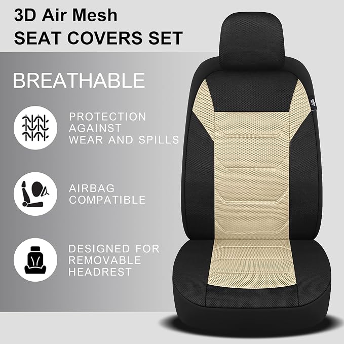 Pariiaotin 3D Air Mesh Car Seat Cover Front Sets Washable and Breathable Premium Cloth Automotive Vehicle Seat Covers for Cars Interior, Universal Fit for Most Cars, Sedan, Truck, SUV(Black/Beige)
