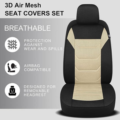 Pariiaotin 3D Air Mesh Car Seat Cover Front Sets Washable and Breathable Premium Cloth Automotive Vehicle Seat Covers for Cars Interior, Universal Fit for Most Cars, Sedan, Truck, SUV(Black/Beige)