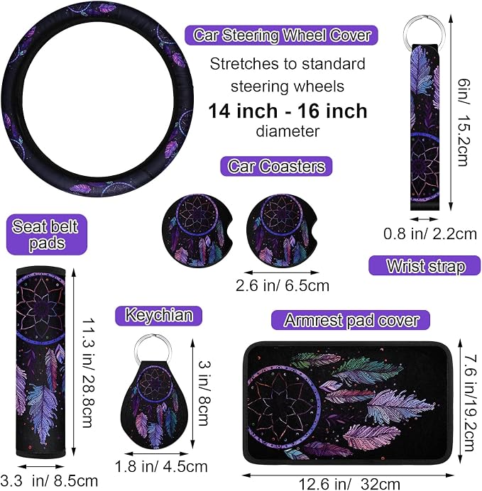 Tallew 10 Pcs Dreamcatcher Design Car Seat Covers Full Set, Front Cover, Steering Wheel Belt Pads, Center Console Armrest, Cup Holder Coasters, Keychain, Keyring for Auto Suvs Trucks Vans