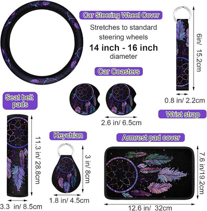 Tallew 10 Pcs Dreamcatcher Design Car Seat Covers Full Set, Front Cover, Steering Wheel Belt Pads, Center Console Armrest, Cup Holder Coasters, Keychain, Keyring for Auto Suvs Trucks Vans
