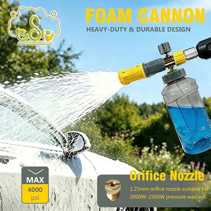 ESP Foam Cannon for Pressure Washer, Snow Foam Gun Car Wash, 1.25mm Nozzle, Adjustable Foam, Transparent Graduated Bottle, Stainless Steel Quick Connect, Fits 120-280 Bar