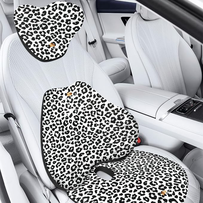 NS YOLO Ergonomic Car Seat Cushion with Comfort Memory Foam Neck Pillow, Car Pillow,Lumbar Support and Big Size Soft Seat Cushion for Driving Seat,Office Chair and Wheel Chair (Leopard Print-3 pcs)