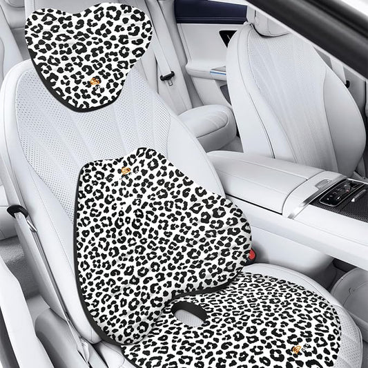 NS YOLO Ergonomic Car Seat Cushion with Comfort Memory Foam Neck Pillow, Car Pillow,Lumbar Support and Big Size Soft Seat Cushion for Driving Seat,Office Chair and Wheel Chair (Leopard Print-3 pcs)