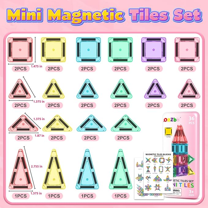 ORZbb Mini Magnetic Tiles Toddler Travel Essentials Set with Case, Magnetic Blocks Building Montessori Educational Learning Sensory Preschool Toys for 3+ Year Old Boys Girls Birthday Gifts