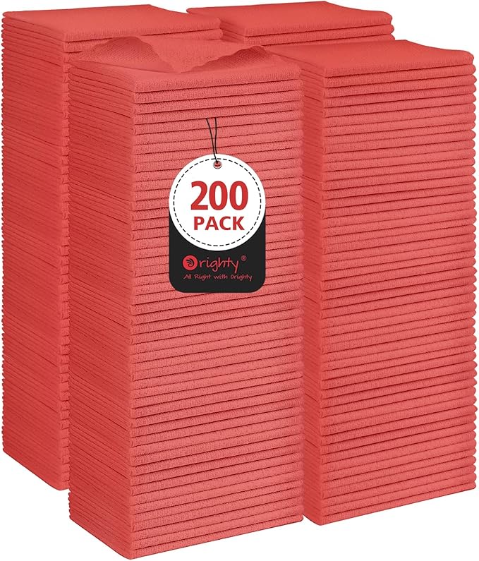 Orighty Microfiber Cleaning Cloth, 200 Pack Microfiber Towels for Cars, Multi-Purpose Shop Towels Cleaning Rags Bulk for Car, Home, Kitchen, 11.5’’ x 11.5’’, Red