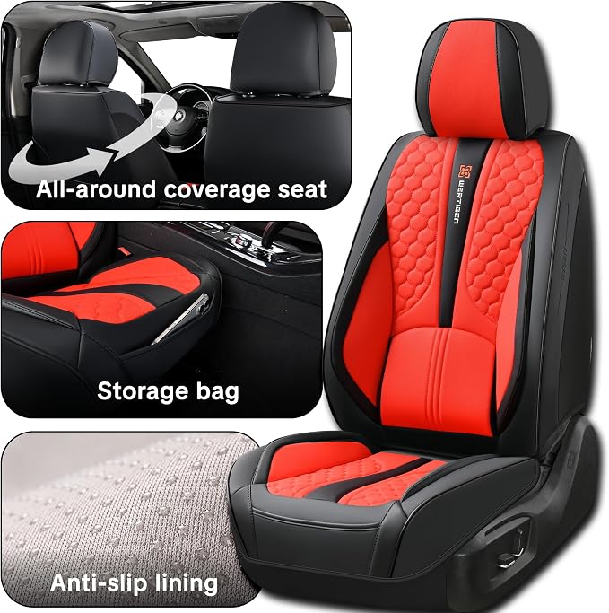 Car Seat Cover Set, Automotive Interior Accessories, Red, Waterproof Leather, With Lumbar Support, Airbag Compatible, 5-Piece Full Set, Pet-Friendly Car Seat Covers, Fits Suvs, Sedans, Pickup Trucks