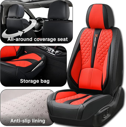 Car Seat Cover Set, Automotive Interior Accessories, Red, Waterproof Leather, With Lumbar Support, Airbag Compatible, 5-Piece Full Set, Pet-Friendly Car Seat Covers, Fits Suvs, Sedans, Pickup Trucks
