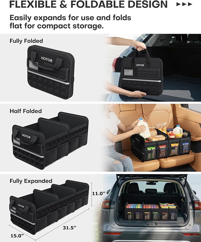 HOTOR Tactical Car Trunk Organizer - Foldable Trunk Organizer for SUV with Front MOLLE Pocket & Reflective Strips, Essential Car Accessories for Tools & Outdoor Storage, 15.0" x 31.5" x 11.0", Black
