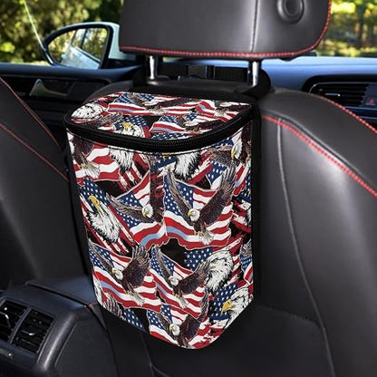 Talayituse American Flag Eagle Print Car Trash Can with Lid, 4th of July Leak Proof Auto Trash Bag Hanging Vehicle Garbage Can Multipurpose Storage Container for Back Seat Road Trip