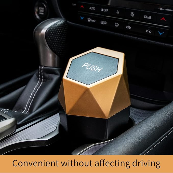 JUSTTOP Car Trash Can with Lid, Mini Diamond Design Portable Trash Can, Plastic Material and Multipurpose Organizers for Car,Home,Office(Gold)