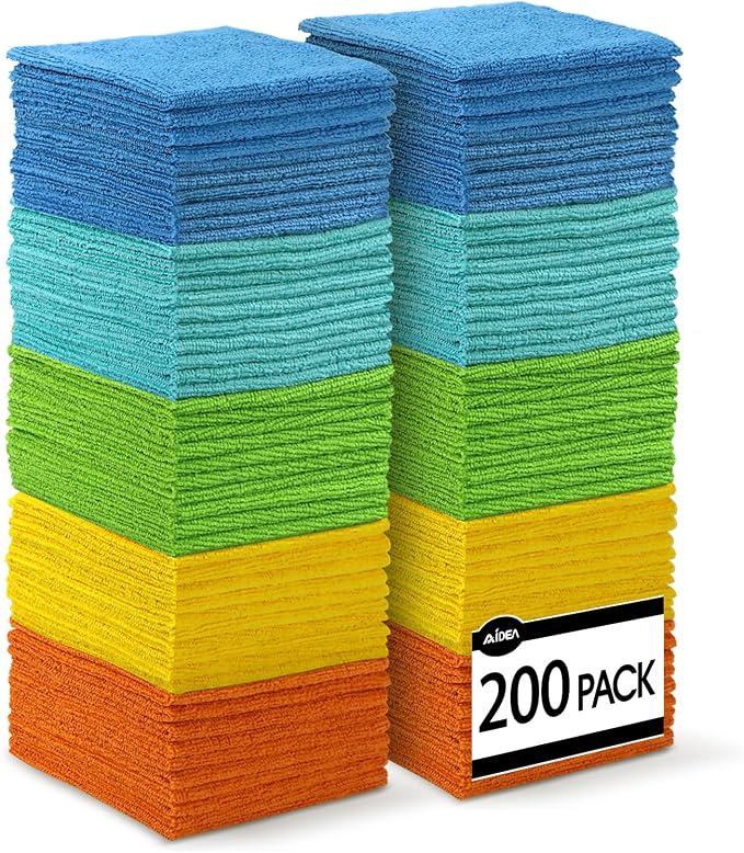 AIDEA Microfiber Cleaning Cloth, 200PK, Absorbent Shop Rags, Microfiber Towels for Cars, Kitchen Towels, Dusting Cloth for Home, Window, Cleaning Supplies, 12"×12"