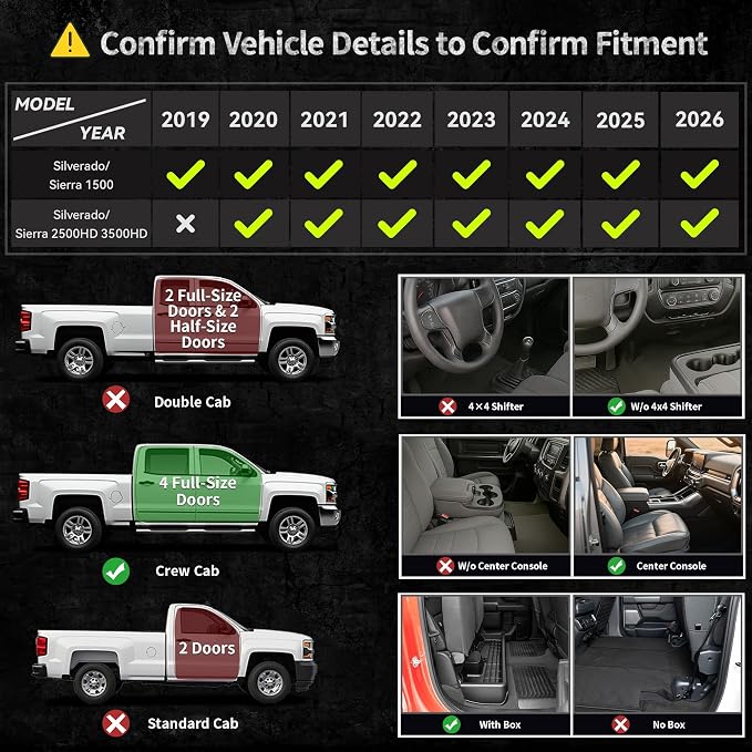 OEDRO Upgraded Floor Mats for 2019-2026 Chevy Silverado/GMC Sierra 1500 Crew Cab & 2020-2026 Silverado/Sierra 2500HD 3500HD, Bucket Seat, All Weather Custom Fit Silverado Accessories Floor Liners