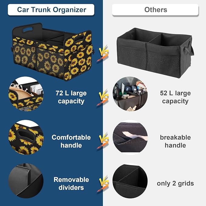 Femuar Car Trunk Organizer with 72L Large Capacity Waterproof Collapsible and 11 Pockets, Trunk Organizer for Car SUV/Jeep/Sedan, Large Size, Sunflower