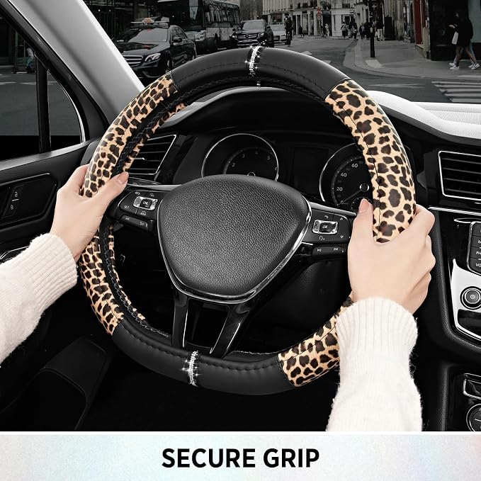 Road Comforts Leopard Steering Wheel Cover for Women, Cute Anti-Slip Microfiber Leather, Fits D Shape Flat Bottom Steering Wheel 14.5-15 Inch - Black
