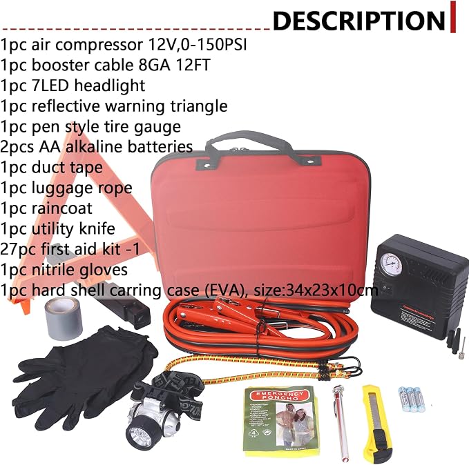 Auto Safety Emergency Kit with Portable Air Compressor