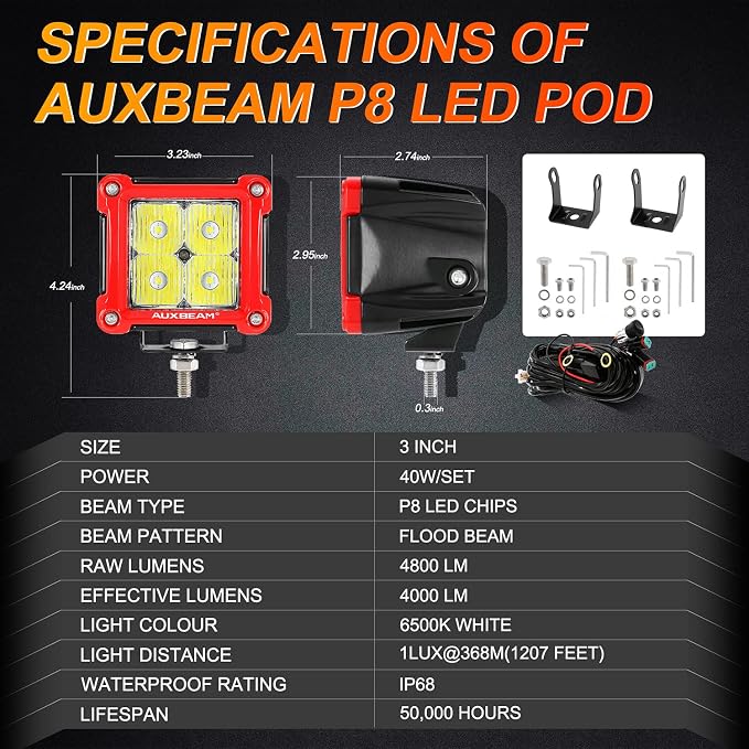Auxbeam FA Series Flood Beam 3 Inch 40W Cube LED Pods, Red Shell Ditch Light Bar 4800LM, Off-Road Driving Hood Lights for 4WD Jeep Wrangler Ford F-150 Bronco, Pair