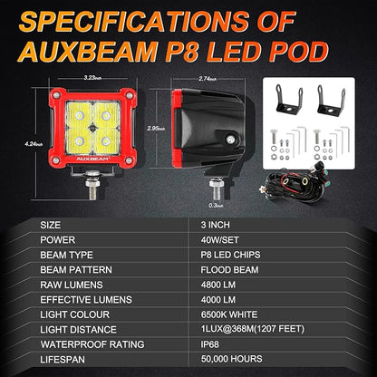 Auxbeam FA Series Flood Beam 3 Inch 40W Cube LED Pods, Red Shell Ditch Light Bar 4800LM, Off-Road Driving Hood Lights for 4WD Jeep Wrangler Ford F-150 Bronco, Pair