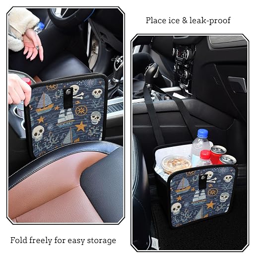 Car Trash Can Organizer Bin with Adjustable Strap for Back Front Seat Console Waterproof Leakproof Collapsible Portable 8.66 Inch Blue Pirate Skulls Sailboats Starfish and Compass