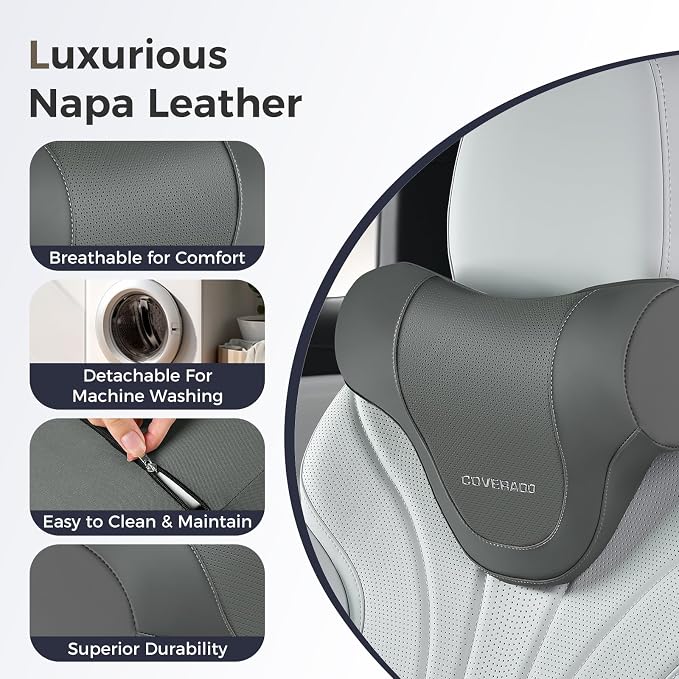 Coverado Car Headrest Pillow, Ergonomic Memory Foam Car Neck Pillow for Driving Seat with Adjustable Strap, Soft PU Leather Breathable Removable Cover Neck Support for Neck Pain Relief