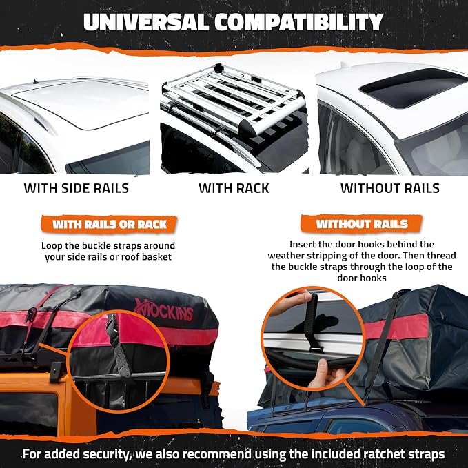 Mockins 45 Cu Ft XL Waterproof Rooftop Cargo Bag 75"x48"x22" | Car Roof Cargo Carrier Bag for Use with or without Roof Rack | Vehicle Soft-shell Carriers w/ Mat, Lock, Hooks, Straps & Case