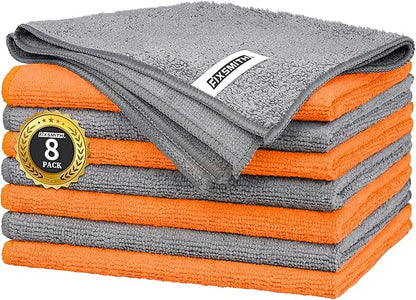 FIXSMITH Microfiber Cleaning Cloth -Pack of 8, Highly Absorbent Cleaning Rags(Grey&Orange), 16"X12" All Purpose Cleaning Towels for Housekeeping, Kitchen, Car, Reusable Microfiber Towels