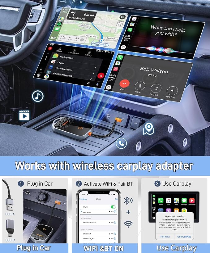 Wireless Carplay Adapter - Converts Factory Wired Carplay to Wireless, Plug and Play Car Play Wireless Adapter for Apple, Wireless Carplay Fit for Cars from 2015+ and for iPhone iOS 10+