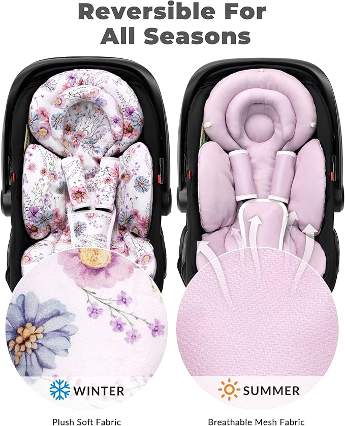 TinlyFinly Infant Car Seat Insert with Extra Cushion for Preemie to Toddler, Reversible Newborn Carseat Insert for Baby Head Body Support, Fits for Stroller, Baby Swing, Bouncer (Purple Wildflower)