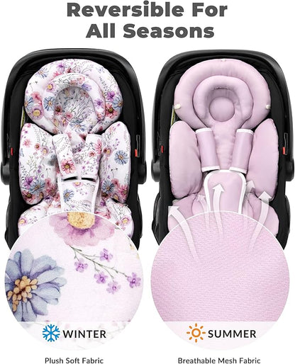 TinlyFinly Infant Car Seat Insert with Extra Cushion for Preemie to Toddler, Reversible Newborn Carseat Insert for Baby Head Body Support, Fits for Stroller, Baby Swing, Bouncer (Purple Wildflower)