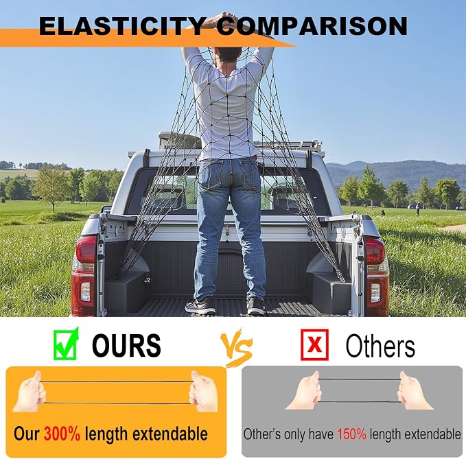 GSPSCN Cargo Net 3' x 4' for Truck Pickup Bed, Trailer,Boat,RV SUV Stretched to 9'x12' Max Roof Rack Net, 4”x4” Mesh Heavy Duty Bungee Cord Net for Tacoma,Frontier,Colorado & Subaru Crosstrek
