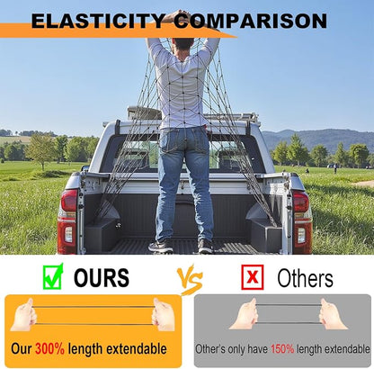 GSPSCN Cargo Net 3' x 4' for Truck Pickup Bed, Trailer,Boat,RV SUV Stretched to 9'x12' Max Roof Rack Net, 4”x4” Mesh Heavy Duty Bungee Cord Net for Tacoma,Frontier,Colorado & Subaru Crosstrek