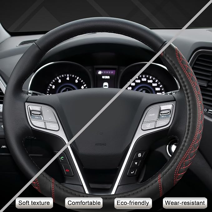 West Llama Customized Auto Car Steering Wheel Cover for Hyundai,Tucson,Sonata,Elantra,Santa Fe,Genesis,Sonata Hybrid,Azera,Venue,Kona, 14.5-15 inches(Diamond Quilted-Black+Red-Standard Size)