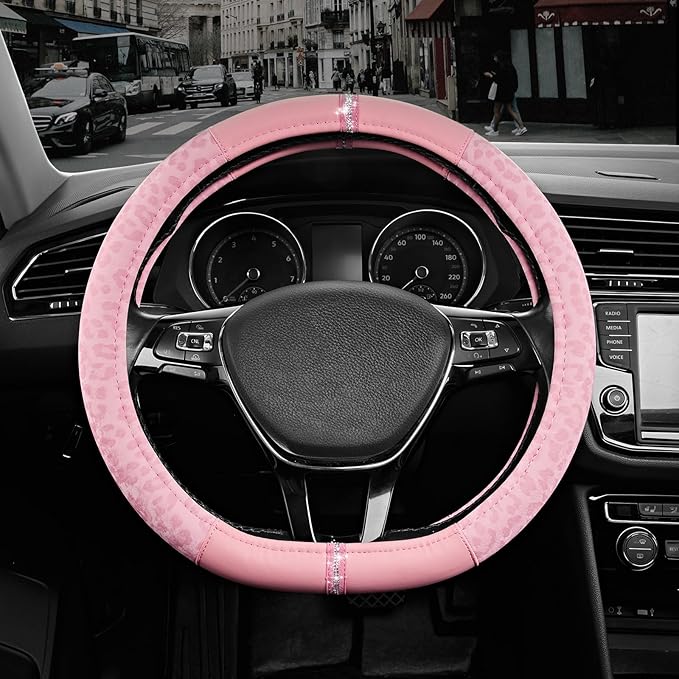 Road Comforts Leopard Steering Wheel Cover for Women, Cute Anti-Slip Microfiber Leather, Fits D Shape Flat Bottom Steering Wheel 14.5-15 Inch - Pink and Pink Leapoard