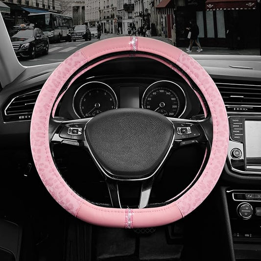 Road Comforts Leopard Steering Wheel Cover for Women, Cute Anti-Slip Microfiber Leather, Fits D Shape Flat Bottom Steering Wheel 14.5-15 Inch - Pink and Pink Leapoard