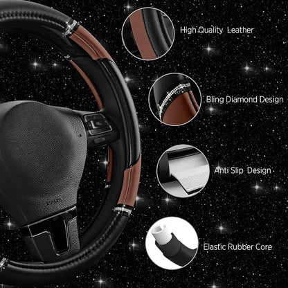 Road Comforts Leather Steering Wheel Cover - Made with PVC Leather - Anti-Slip Steering Wheel Cover Universal Fit Most 14 1/2 inches to 15 inches - Brown Color