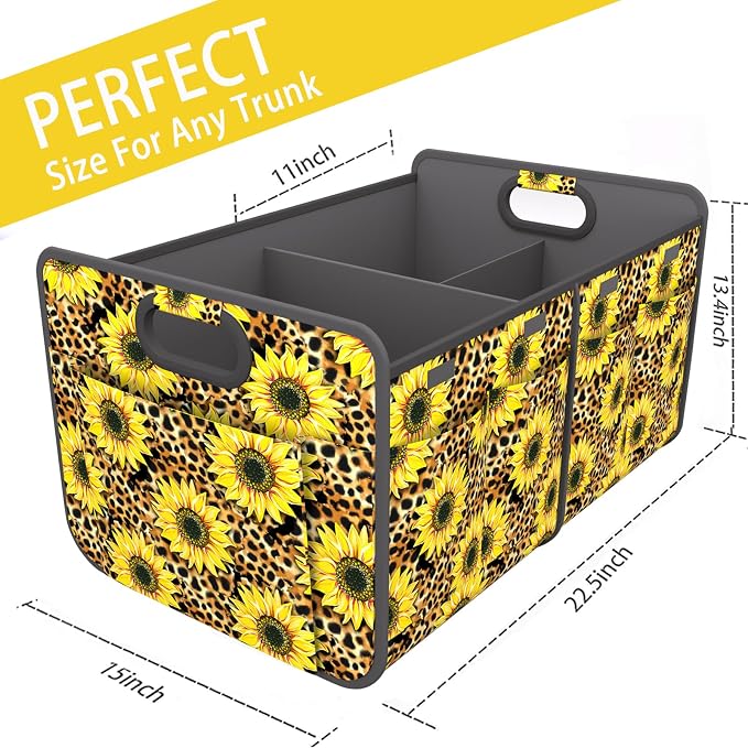 Homeve Car Trunk Organizer for SUV, 18.5Gal Large Capacity No-Sag Heavy Duty, Foldable Waterproof Anti-Slip Storage with 12 Pockets, Fit Sedan, Truck, Universal Car Accessories,Sunflower Leopard Print
