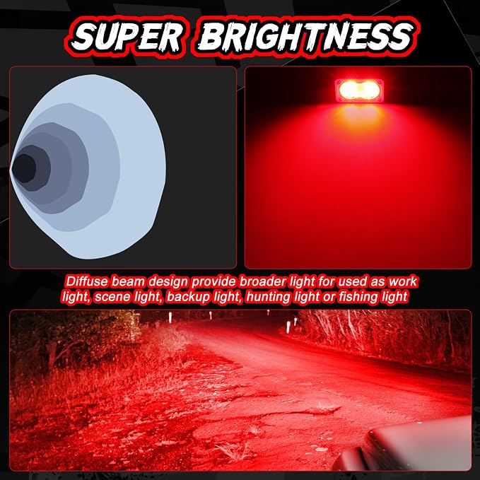 Red LED Pod Lights 3 Inch 2PCS Auxiliary Rear Fog Light Cube Off Road Backup Driving Light Bar Red Hunting Fishing Emergency Safety Signal Work Lights for Truck UTV Pickup Boat