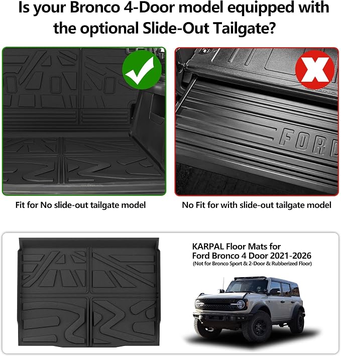 KARPAL Floor Mats for 2021-2026 Ford Bronco 4 Door (Not for Sport), Custom Fit TPE All Weather Ford Bronco Accessories 1st&2nd Row Floor Liner & Cargo Liner & Backrest Mat