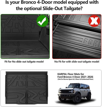 KARPAL Floor Mats for 2021-2026 Ford Bronco 4 Door (Not for Sport), Custom Fit TPE All Weather Ford Bronco Accessories 1st&2nd Row Floor Liner & Cargo Liner & Backrest Mat