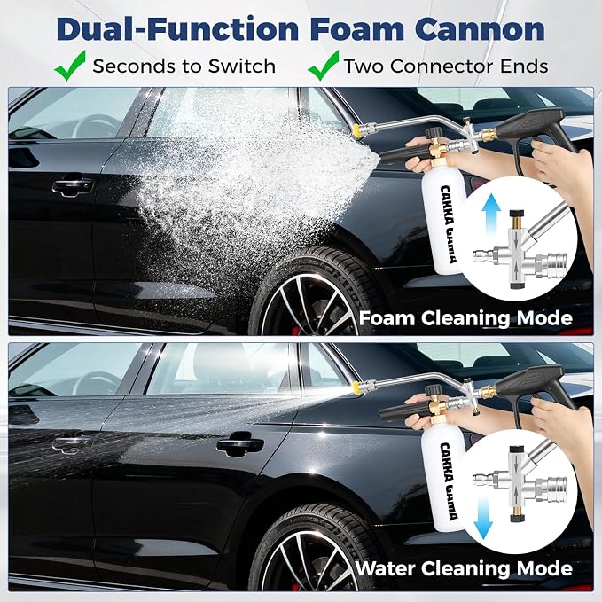 Foam Cannon Dual Connector for Pressure Washer, Industrial Car Wash Foam Gun Kit 1/4 Inch Quick Connector, Adjustable Soap Cannon with 5 Pressure Washer Nozzle Tips, Adapter, 1 Liter