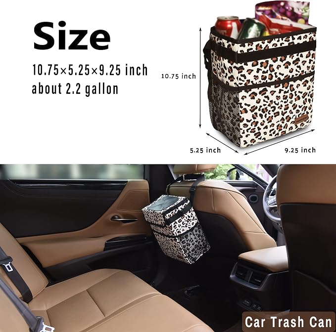 SIBOFUEGO Cute Car Trash Can with Lid – Multipurpose Collapsible Trash Bin for Car, Leak-Proof Organizer, Waterproof Garbage Can with Storage Pockets & Adjustable Straps, 2 Gallons (Leopard Print)