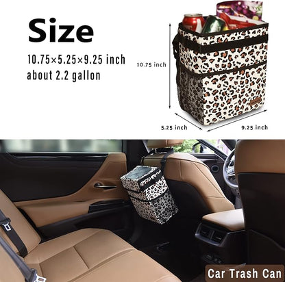 SIBOFUEGO Cute Car Trash Can with Lid – Multipurpose Collapsible Trash Bin for Car, Leak-Proof Organizer, Waterproof Garbage Can with Storage Pockets & Adjustable Straps, 2 Gallons (Leopard Print)