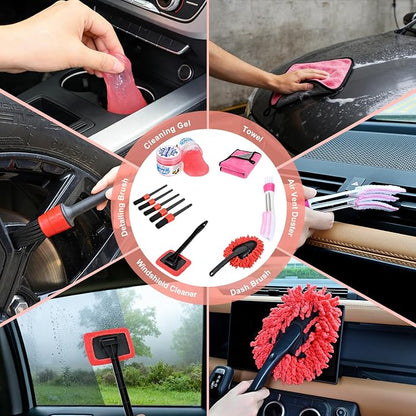 Nilight 15PCS Car Detailing Kit Auto Cleaning Tools Wash Set with Storage Carry Bag Beginners Easy to Use for Interior Exterior Car Care Clean Windshield Dashboard Seat Air Vents Wheels Tires, Red