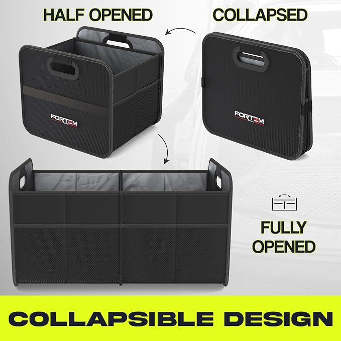 FORTEM Car Trunk Organizer, Collapsible Two Compartment Organizer, Foldable SUV & Truck Storage for Car Accessories for Women Men, Non Slip Bottom, Sturdy Side Walls, Strong Handles, 45L