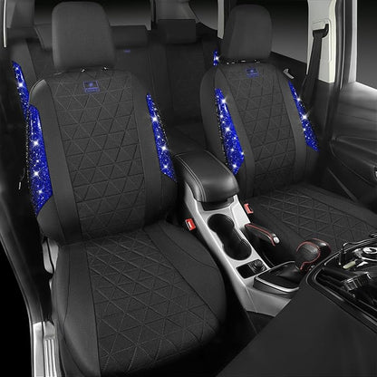 CAR PASS Oxford Bling Diamond Car Seat Covers 2 Front Interior Sets, Waterproof Shining Glitter Sparkly Crystal Universal Armrest Fit 95% Automotive Truck SUV Cute Women Girl, Black Blue Rhinestone
