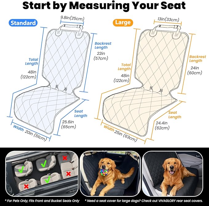 VIVAGLORY Front Dog Seat Covers, 1PACK No-Skirt Design 4 Layers Quilted & Durable 600D Oxford Car Seat Cover for Dogs with Anti-Slip Backing for Most Cars, SUVs & MPVs, Black