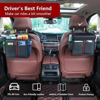Hanging Car Seat Organizer with Lid - Premium PU Leather Backseat Organizer for Kids & Adults (Black)
