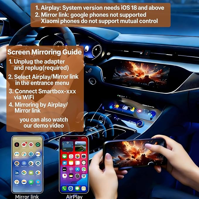 4in1 Wireless Carplay Adapter for Apple iPhone Android Auto,Airplay Screen Mirror Link Bluetooth Carplay Adapter for Video YouTube Tiktok,WiFi Dual Core,Mini Car Play USB Dongle,Fast,No Latency